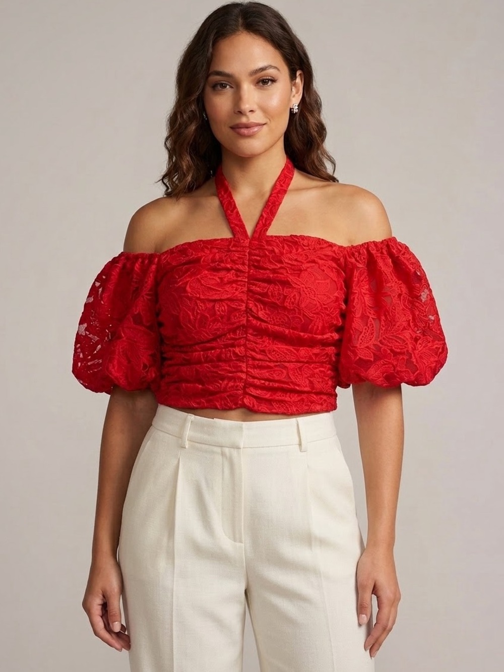 Venus Red Lace Halter Off Shoulder Puff Sleeve Romantic Ruched Crop Top Size 8